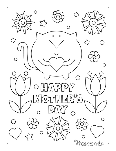 Mothers Day Coloring Pages Cat Heart Flowers