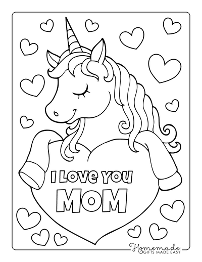 Mothers Day Coloring Pages Cute Unicorn With Heart Mom