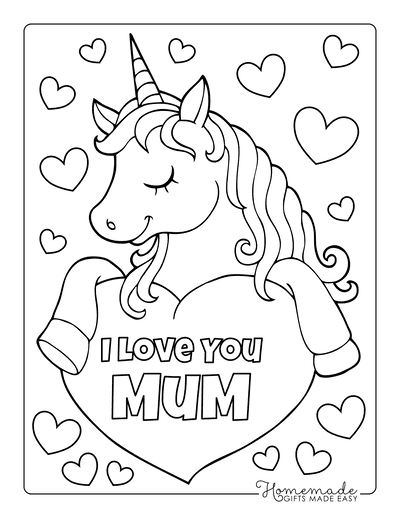Mothers Day Coloring Pages Cute Unicorn With Heart Mum