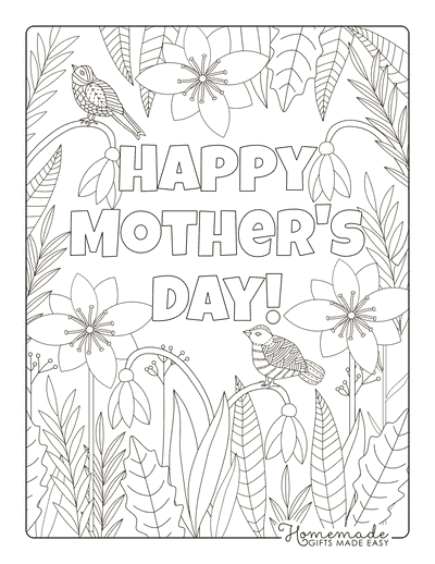 Mothers Day Coloring Pages Flower Birds Doodle