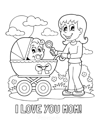 Mothers Day Coloring Pages I Love You Mom Baby Pram