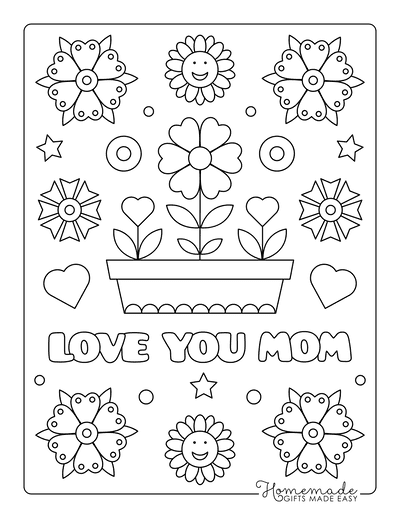 Mothers Day Coloring Pages Love You Mom Flowers in Pot Hearts