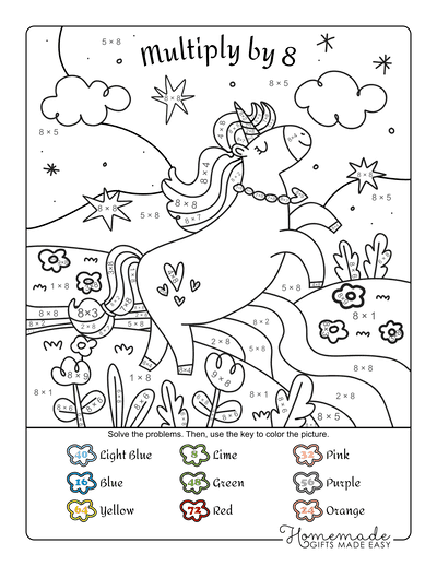Multiplication Color by Number Colorful Unicorn