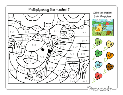 Multiplication Color by Number Cute Bird