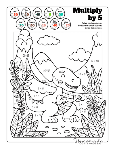 Multiplication Color by Number Dinosaur Land