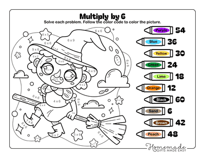 Multiplication Color by Number Halloween Girl Witch