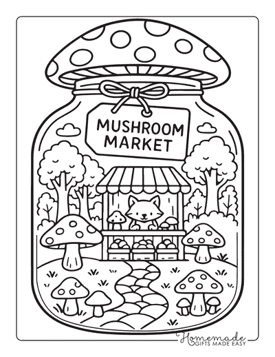 Mushroom Coloring Pages Cute Cat Mushroom Market in Jar for Kids