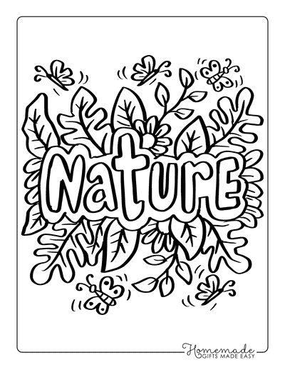 Nature Coloring Pages Easy Nature Text With Leaves and Butterflies