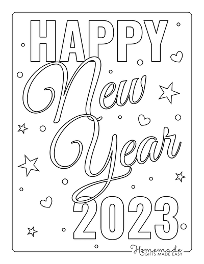 New Year Coloring Pages Happy New Year 2023 Stars Hearts