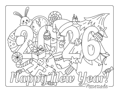 New Year Coloring Pages Happy New Year 2026 Holiday Decorations