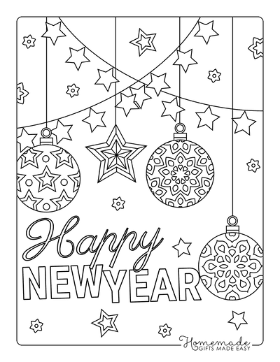 New Year Coloring Pages Happy New Year Baubles Stars