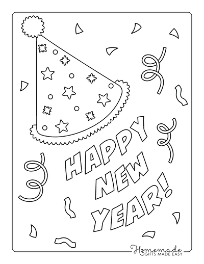 New Year Coloring Pages Happy New Year Party Hat Confetti
