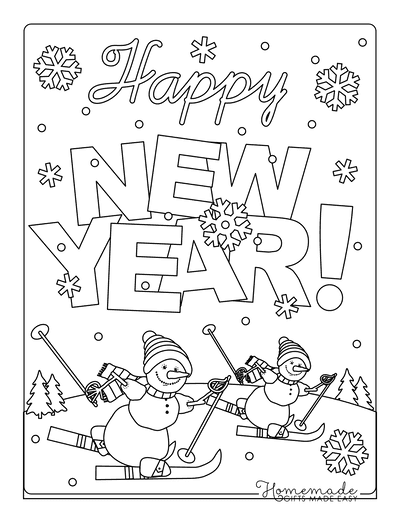 New Year Coloring Pages Happy New Year Winter Snowman Skiing