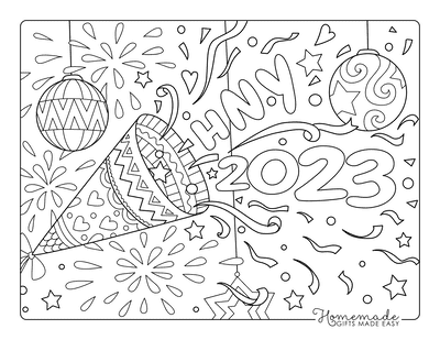 New Year Coloring Pages Hny 2023 Confetti Streamers Fireworks