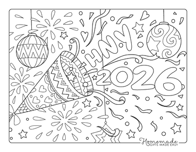 New Year Coloring Pages Hny 2026 Confetti Streamers Fireworks