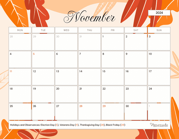 November 2024 Calendars Simple Elegant Fall Monday Start