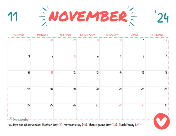 November 2024 Calendars Simple Playful