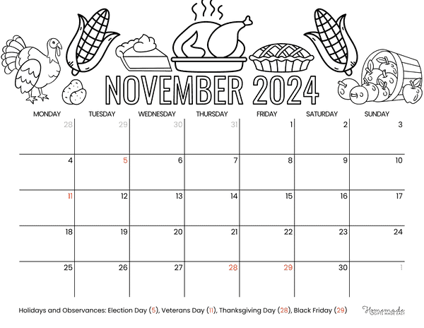 November 2024 Calendars Thanksgiving to Color Monday Start