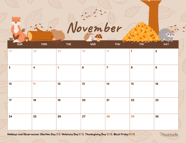 November 2024 Calendars Woodland Creatures
