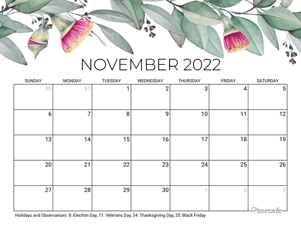 November Calendar 2022 Printable Eucalyptus