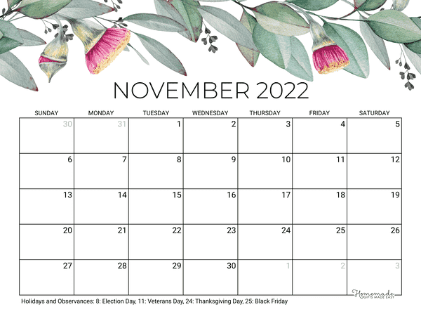 November 2022 Calendars 50 Free Printables Printabulls Free Printable 