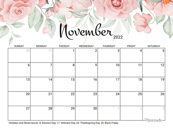 November Calendar 2022 Printable Rose