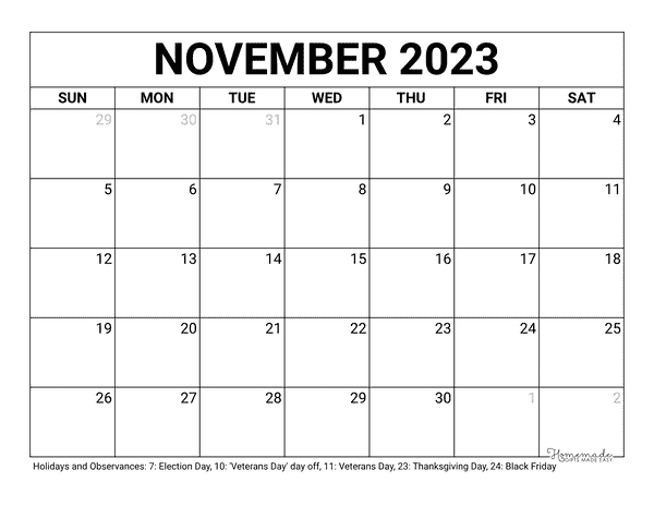 November Calendar 2023 Printable Blank