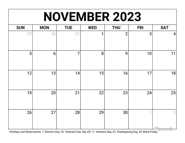 November 2022 Calendar Free Printable With Holidays