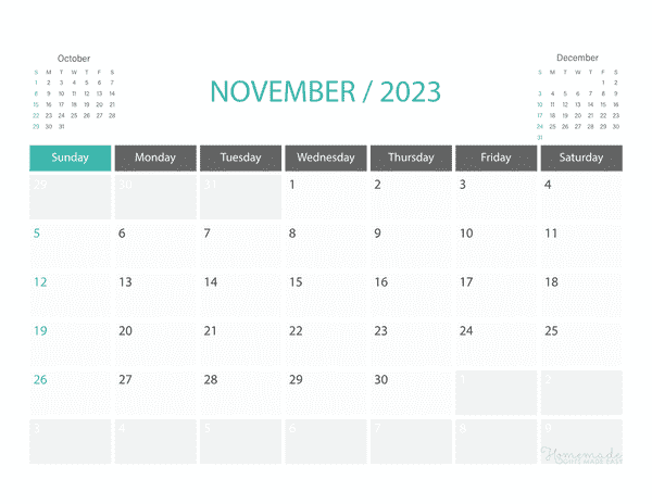 November Calendar 2023 Printable Corporate Landscape