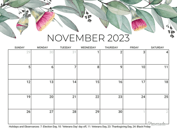 November Calendar 2023 Printable Eucalyptus