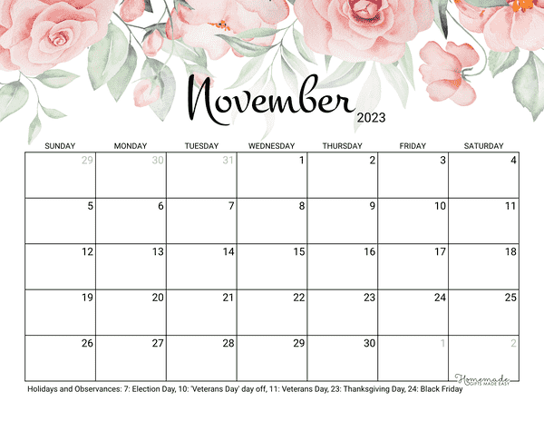November 2023 & 2024 Calendar | Free Printable with Holidays