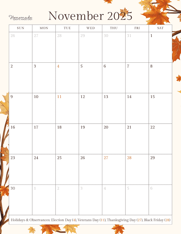 November Calendar 2025 Autumn Minimalist Portrait