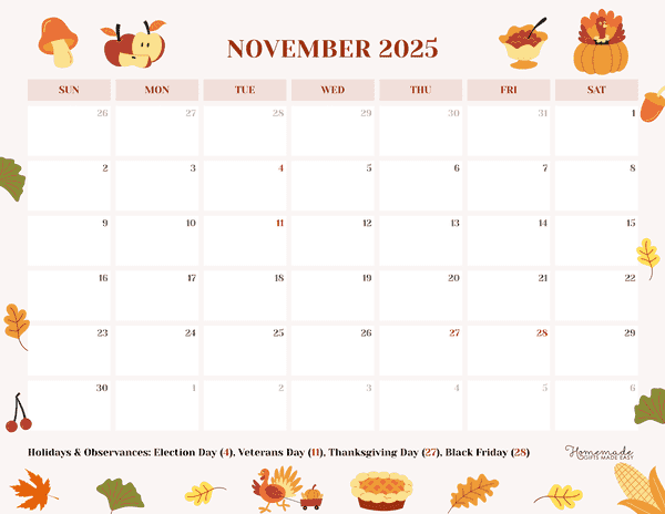 November Calendar 2025 Cute Fun Thanksgiving