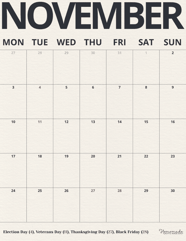 November Calendar 2025 Neutral Minimalist Portrait Monday Start