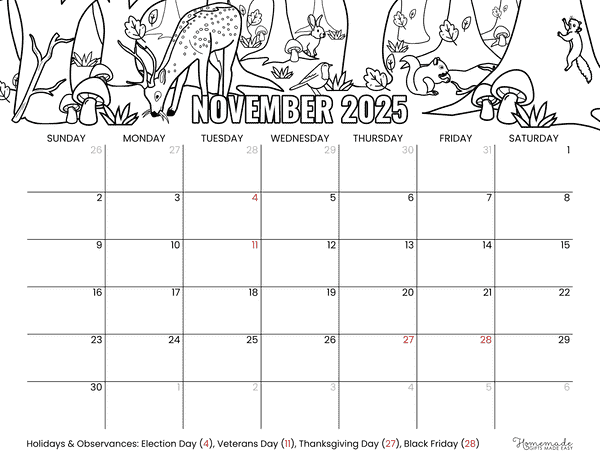 November Calendar 2025 November Forest Scene to Color