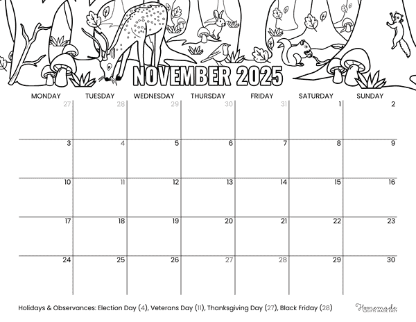 November Calendar 2025 November Forest Scene to Color Monday Start