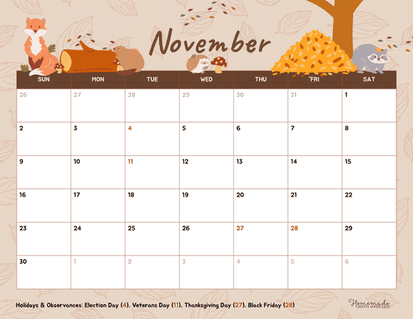 November Calendar 2025 Simple Autumn Forest Creatures