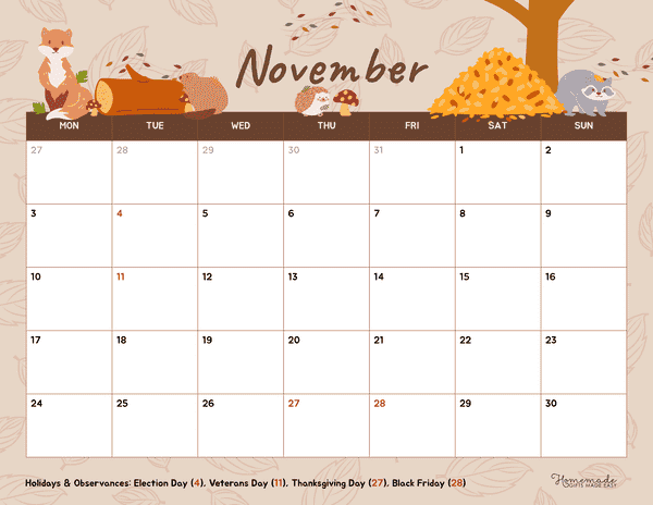 November Calendar 2025 Simple Autumn Forest Creatures Monday Start