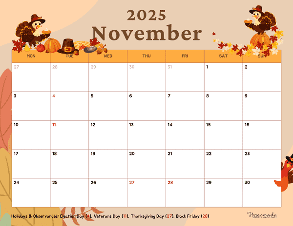 November Calendar 2025 Simple Colorful Thanksgiving Turkeys Monday Start