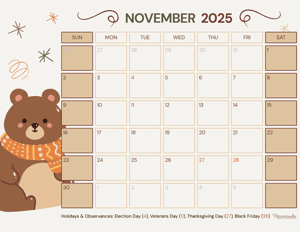 November Calendar 2025 Simple Cute Fall Bear