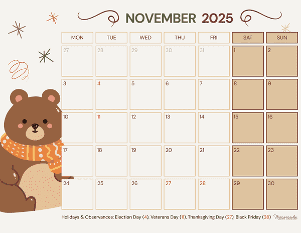 November Calendar 2025 Simple Cute Fall Bear Monday Start