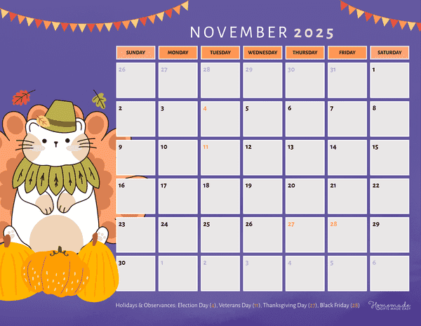 November Calendar 2025 Simple Cute Turkey Cat