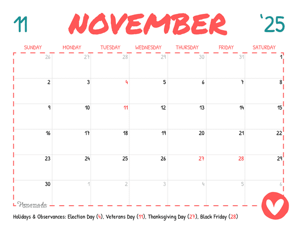 November Calendar 2025 Simple Playful
