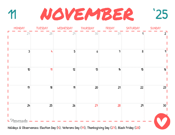 November Calendar 2025 Simple Playful Monday Start