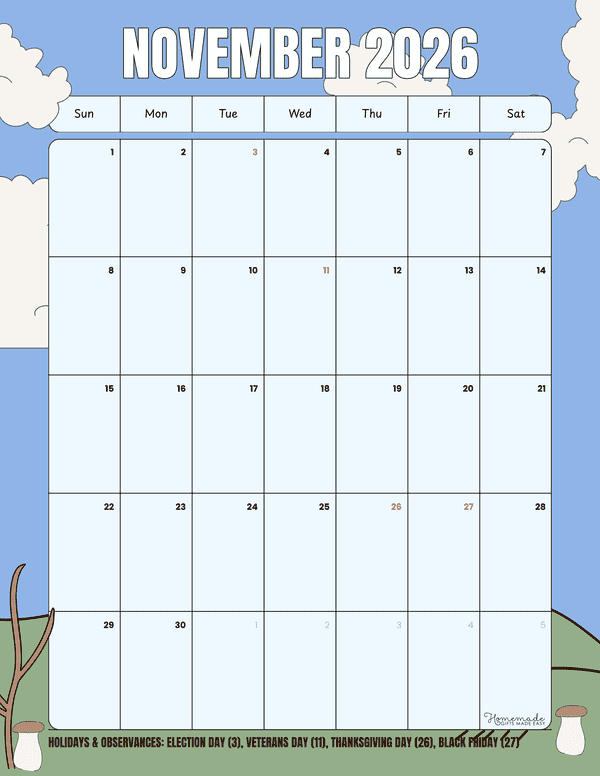 November Calendar 2026 Blue White Clouds Grassy Hill Illustrative