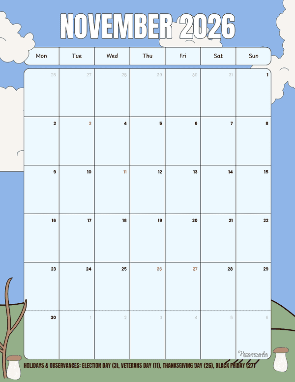 November Calendar 2026 Blue White Clouds Grassy Hill Illustrative Monday Start