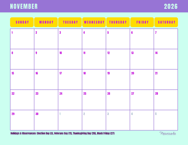 November Calendar 2026 Bright and Colorful Landscape