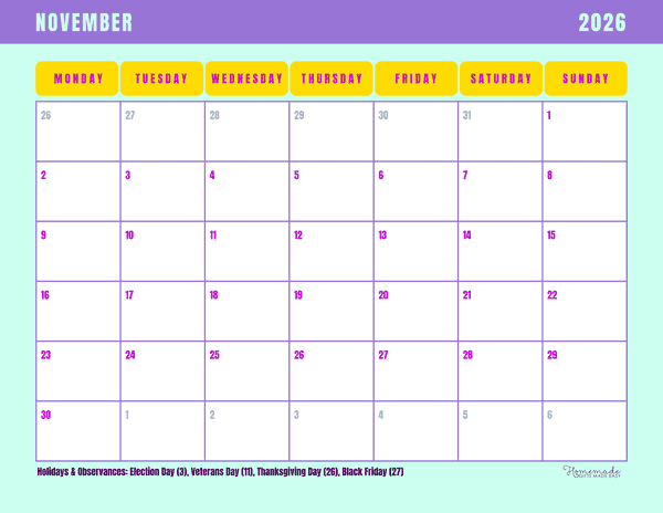 November Calendar 2026 Bright and Colorful Landscape Monday Start