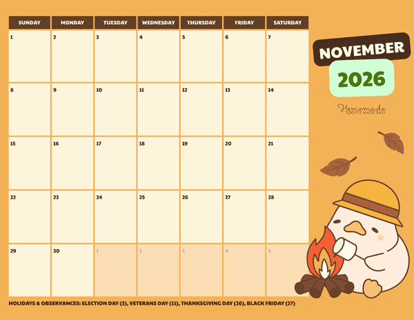 November Calendar 2026 Cute Camping Duck Illustration