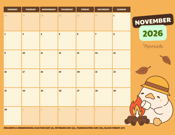 November Calendar 2026 Cute Camping Duck Illustration Monday Start